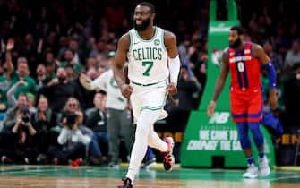 BOSTON, MASSACHUSETTS - DECEMBER 20: Jaylen Brown #7 of the Boston Celtics reacts after scoring a three point basket against the Detroit Pistons  at TD Garden on December 20, 2019 in Boston, Massachusetts. NOTE TO USER: User expressly acknowledges and agrees that, by downloading and or using this photograph, User is consenting to the terms and conditions of the Getty Images License Agreement. (Photo by Maddie Meyer/Getty Images)