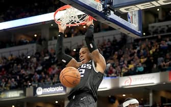 INDIANAPOLIS, INDIANA - DECEMBER 20:   Richaun Holmes #22 of the Sacramento Kings dunks the ball against the Indiana Pacers at Bankers Life Fieldhouse on December 20, 2019 in Indianapolis, Indiana.    NOTE TO USER: User expressly acknowledges and agrees that, by downloading and or using this photograph, User is consenting to the terms and conditions of the Getty Images License Agreement. (Photo by Andy Lyons/Getty Images)