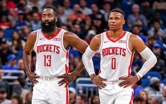 ORLANDO, FL - DECEMBER 13: James Harden #13 and Russell Westbrook #0 of the Houston Rockets during the game against the Orlando Magic at the Amway Center on December 13, 2019 in Orlando, Florida. The Rockets defeated the Magic 130 to 107. NOTE TO USER: User expressly acknowledges and agrees that, by downloading and or using this photograph, User is consenting to the terms and conditions of the Getty Images License Agreement. (Photo by Don Juan Moore/Getty Images)