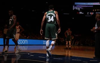 NEW YORK, NY - DECEMBER 21: Giannis Antetokounmpo #34 of the Milwaukee Bucks looks on during the game against the New York Knicks on December 21, 2019 at Madison Square Garden in New York City, New York.  NOTE TO USER: User expressly acknowledges and agrees that, by downloading and or using this photograph, User is consenting to the terms and conditions of the Getty Images License Agreement. Mandatory Copyright Notice: Copyright 2019 NBAE  (Photo by Nathaniel S. Butler/NBAE via Getty Images)