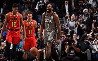 BROOKLYN, NY - DECEMBER 21: DeAndre Jordan #6 of the Brooklyn Nets reacts to a play against the Atlanta Hawks on December 21, 2019 at Barclays Center in Brooklyn, New York. NOTE TO USER: User expressly acknowledges and agrees that, by downloading and or using this photograph, User is consenting to the terms and conditions of the Getty Images License Agreement. Mandatory Copyright Notice: Copyright 2019 NBAE  (Photo by Brian Babineau/NBAE via Getty Images)
