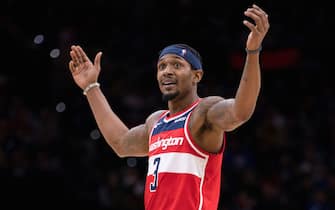 PHILADELPHIA, PA - DECEMBER 21: Bradley Beal #3 of the Washington Wizards reacts against the Philadelphia 76ers in the third quarter at the Wells Fargo Center on December 21, 2019 in Philadelphia, Pennsylvania. The 76ers defeated the Wizards 125-108. NOTE TO USER: User expressly acknowledges and agrees that, by downloading and/or using this photograph, user is consenting to the terms and conditions of the Getty Images License Agreement. (Photo by Mitchell Leff/Getty Images)
