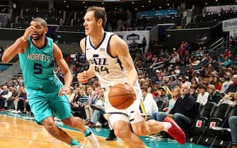 CHARLOTTE, NC - DECEMBER 21: Bojan Bogdanovic #44 of the Utah Jazz handles the ball during a game against the Charlotte Hornets on December 21, 2019 at Spectrum Center in Charlotte, North Carolina. NOTE TO USER: User expressly acknowledges and agrees that, by downloading and or using this photograph, User is consenting to the terms and conditions of the Getty Images License Agreement.  Mandatory Copyright Notice:  Copyright 2019 NBAE (Photo by Kent Smith/NBAE via Getty Images)