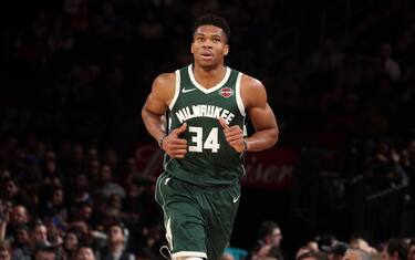 NEW YORK, NY - DECEMBER 21: Giannis Antetokounmpo #34 of the Milwaukee Bucks looks on during the game against the New York Knicks on December 21, 2019 at Madison Square Garden in New York City, New York.  NOTE TO USER: User expressly acknowledges and agrees that, by downloading and or using this photograph, User is consenting to the terms and conditions of the Getty Images License Agreement. Mandatory Copyright Notice: Copyright 2019 NBAE  (Photo by Nathaniel S. Butler/NBAE via Getty Images)