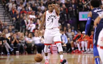 TORONTO, ON - OCTOBER 26: Kyle Lowry #7 of the Toronto Raptors points as he advances the ball against the Dallas Mavericks at Scotiabank Arena on October 26, 2018 in Toronto, Canada. NOTE TO USER: User expressly acknowledges and agrees that, by downloading and or using this photograph, User is consenting to the terms and conditions of the Getty Images License Agreement. (Photo by Tom Szczerbowski/Getty Images) *** Local Caption *** Kyle Lowry