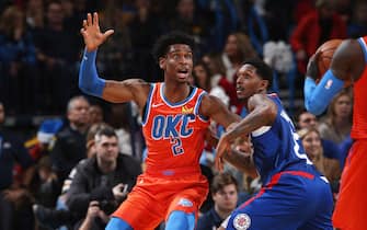 OKLAHOMA CITY, OK- DECEMBER 22: Shai Gilgeous-Alexander #2 of the Oklahoma City Thunder fights for the position against the LA Clippers on December 22, 2018 at Chesapeake Energy Arena in Oklahoma City, Oklahoma. NOTE TO USER: User expressly acknowledges and agrees that, by downloading and or using this photograph, User is consenting to the terms and conditions of the Getty Images License Agreement. Mandatory Copyright Notice: Copyright 2018 NBAE (Photo by Zach Beeker/NBAE via Getty Images)