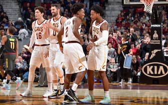 CLEVELAND, OH - DECEMBER 23: Collin Sexton #2, and Darius Garland #10 of the Cleveland Cavaliers celebrate during the game against the Atlanta Hawks on December 23, 2019 at Rocket Mortgage Fieldhouse in Cleveland, Ohio. NOTE TO USER: User expressly acknowledges and agrees that, by downloading and/or using this Photograph, user is consenting to the terms and conditions of the Getty Images License Agreement. Mandatory Copyright Notice: Copyright 2019 NBAE (Photo by David Liam Kyle/NBAE via Getty Images)