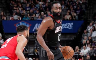 SACRAMENTO, CA - DECEMBER 23: James Harden #13 of the Houston Rockets handles the ball against the Sacramento Kings on December 23, 2019 at Golden 1 Center in Sacramento, California. NOTE TO USER: User expressly acknowledges and agrees that, by downloading and or using this Photograph, user is consenting to the terms and conditions of the Getty Images License Agreement. Mandatory Copyright Notice: Copyright 2019 NBAE (Photo by Rocky Widner/NBAE via Getty Images)