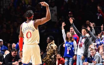 PHILADELPHIA, PA - DECEMBER 25: Josh Richardson #0 of the Philadelphia 76ers reacts to a play against the Milwaukee Bucks on December 25, 2019 at the Wells Fargo Center in Philadelphia, Pennsylvania. NOTE TO USER: User expressly acknowledges and agrees that, by downloading and/or using this Photograph, user is consenting to the terms and conditions of the Getty Images License Agreement. Mandatory Copyright Notice: Copyright 2019 NBAE (Photo by Jesse D. Garrabrant/NBAE via Getty Images)