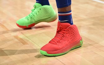 PHILADELPHIA, PA - DECEMBER 25: The sneakers worn by Joel Embiid #21 of the Philadelphia 76ers against the Milwaukee Bucks on December 25, 2019 at the Wells Fargo Center in Philadelphia, Pennsylvania. NOTE TO USER: User expressly acknowledges and agrees that, by downloading and/or using this Photograph, user is consenting to the terms and conditions of the Getty Images License Agreement. Mandatory Copyright Notice: Copyright 2019 NBAE (Photo by David Dow/NBAE via Getty Images)