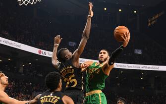 TORONTO, CANADA - DECEMBER 25: Jayson Tatum #0 of the Boston Celtics shoots the ball against the Toronto Raptors on December 25, 2019 at the Scotiabank Arena in Toronto, Ontario, Canada.  NOTE TO USER: User expressly acknowledges and agrees that, by downloading and or using this Photograph, user is consenting to the terms and conditions of the Getty Images License Agreement.  Mandatory Copyright Notice: Copyright 2019 NBAE (Photo by Ron Turenne/NBAE via Getty Images)