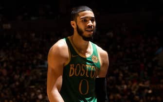 TORONTO, CANADA - DECEMBER 25: Jayson Tatum #0 of the Boston Celtics looks on during the game against the Toronto Raptors on December 25, 2019 at the Scotiabank Arena in Toronto, Ontario, Canada.  NOTE TO USER: User expressly acknowledges and agrees that, by downloading and or using this Photograph, user is consenting to the terms and conditions of the Getty Images License Agreement.  Mandatory Copyright Notice: Copyright 2019 NBAE (Photo by Mark Blinch/NBAE via Getty Images)