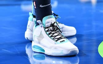 DALLAS, TX - DECEMBER 26: Sneakers worn by Luka Doncic #77 of the Dallas Mavericks against the San Antonio Spurs on December 26, 2019 at the American Airlines Center in Dallas, Texas. NOTE TO USER: User expressly acknowledges and agrees that, by downloading and or using this photograph, User is consenting to the terms and conditions of the Getty Images License Agreement. Mandatory Copyright Notice: Copyright 2019 NBAE (Photo by Glenn James/NBAE via Getty Images)