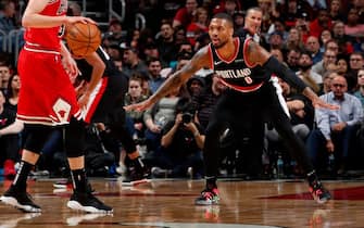 CHICAGO, IL - NOVEMBER 25: Damian Lillard #0 of the Portland Trail Blazers plays defense against the Chicago Bulls on November 25, 2019 at United Center in Chicago, Illinois. NOTE TO USER: User expressly acknowledges and agrees that, by downloading and or using this photograph, User is consenting to the terms and conditions of the Getty Images License Agreement. Mandatory Copyright Notice: Copyright 2019 NBAE (Photo by Jeff Haynes/NBAE via Getty Images)