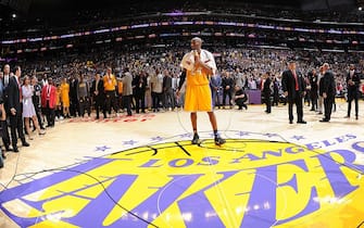 LOS ANGELES, CA - APRIL 13:  Kobe Bryant #24 of the Los Angeles Lakers speaks to the crowd after the game against the Utah Jazz on April 13, 2016 at Staples Center in Los Angeles, California. NOTE TO USER: User expressly acknowledges and agrees that, by downloading and/or using this Photograph, user is consenting to the terms and conditions of the Getty Images License Agreement. Mandatory Copyright Notice: Copyright 2016 NBAE (Photo by Andrew D. Bernstein/NBAE via Getty Images)