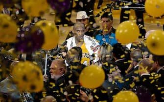 521114810 LOS ANGELES, CA - APRIL 13: Kobe Bryant #24 of the Los Angeles Lakers retires from basketball after scoring 60 points against the Utah Jazz at Staples Center on April 13, 2016 in Los Angeles, California. Bryant played his last game as a Laker and retired from basketball. NOTE TO USER: User expressly acknowledges and agrees that, by downloading and or using the photograph, User is consenting to the terms and conditions of the Getty Images License Agreement. (Photo by Kevork Djansezian/Getty Images)