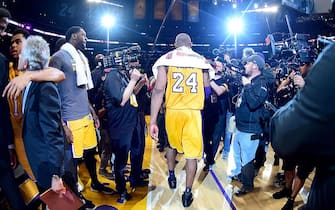 LOS ANGELES, CA - APRIL 13:  Kobe Bryant #24 of the Los Angeles Lakers walks towards the tunnel after scoring 60 points against the Utah Jazz at Staples Center on April 13, 2016 in Los Angeles, California. NOTE TO USER: User expressly acknowledges and agrees that, by downloading and or using this photograph, User is consenting to the terms and conditions of the Getty Images License Agreement.  (Photo by Harry How/Getty Images)