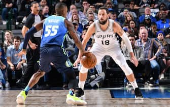 DALLAS, TX - DECEMBER 26: Marco Belinelli #18 of the San Antonio Spurs plays defense against the Dallas Mavericks on December 26, 2019 at the American Airlines Center in Dallas, Texas. NOTE TO USER: User expressly acknowledges and agrees that, by downloading and or using this photograph, User is consenting to the terms and conditions of the Getty Images License Agreement. Mandatory Copyright Notice: Copyright 2019 NBAE (Photo by Glenn James/NBAE via Getty Images)