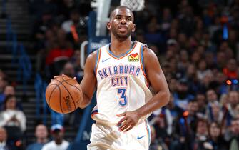 OKLAHOMA CITY, OK- DECEMBER 26: Chris Paul #3 of the Oklahoma City Thunder handles the ball during the game against the Memphis Grizzlies on December 26, 2019 at Chesapeake Energy Arena in Oklahoma City, Oklahoma. NOTE TO USER: User expressly acknowledges and agrees that, by downloading and or using this photograph, User is consenting to the terms and conditions of the Getty Images License Agreement. Mandatory Copyright Notice: Copyright 2019 NBAE (Photo by Zach Beeker/NBAE via Getty Images)