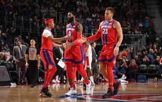 DETROIT, MI - DECEMBER 26: Tim Frazier #12 high-fives Andre Drummond #0 and Blake Griffin #23 of the Detroit Pistons against the Washington Wizards on December 26, 2019 at Little Caesars Arena in Detroit, Michigan. NOTE TO USER: User expressly acknowledges and agrees that, by downloading and/or using this photograph, User is consenting to the terms and conditions of the Getty Images License Agreement. Mandatory Copyright Notice: Copyright 2019 NBAE (Photo by Chris Schwegler/NBAE via Getty Images)