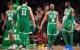 BOSTON, MA - DECEMBER 27: Romeo Langford #45, Enes Kanter #11, Kemba Walker #8, and Jaylen Brown #7 of the Boston Celtics in the second half against the Cleveland Cavaliers at TD Garden on December 27, 2019 in Boston, Massachusetts. NOTE TO USER: User expressly acknowledges and agrees that, by downloading and or using this photograph, User is consenting to the terms and conditions of the Getty Images License Agreement. (Photo by Kathryn Riley/Getty Images)