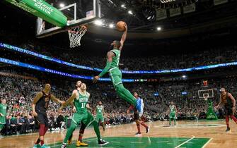 BOSTON, MA - DECEMBER 27: Jaylen Brown #7 of the Boston Celtics dunks the ball against the Cleveland Cavaliers on December 27, 2019 at the TD Garden in Boston, Massachusetts. NOTE TO USER: User expressly acknowledges and agrees that, by downloading and or using this photograph, User is consenting to the terms and conditions of the Getty Images License Agreement. Mandatory Copyright Notice: Copyright 2019 NBAE (Photo by Brian Babineau/NBAE via Getty Images)