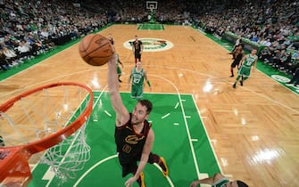 BOSTON, MA - DECEMBER 27: Kevin Love #0 of the Cleveland Cavaliers dunks the ball against the Cleveland Cavaliers on December 27, 2019 at the TD Garden in Boston, Massachusetts. NOTE TO USER: User expressly acknowledges and agrees that, by downloading and or using this photograph, User is consenting to the terms and conditions of the Getty Images License Agreement. Mandatory Copyright Notice: Copyright 2019 NBAE (Photo by Brian Babineau/NBAE via Getty Images)