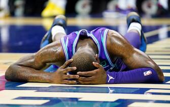 CHARLOTTE, NORTH CAROLINA - DECEMBER 27: Terry Rozier #3 of the Charlotte Hornets lies on the floor after being fouled during the third quarter during their game against the Oklahoma City Thunder at the Spectrum Center on December 27, 2019 in Charlotte, North Carolina. NOTE TO USER: User expressly acknowledges and agrees that, by downloading and/or using this photograph, user is consenting to the terms and conditions of the Getty Images License Agreement. (Photo by Jacob Kupferman/Getty Images)