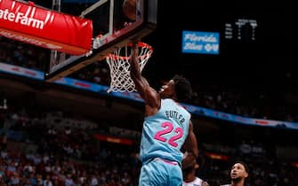 MIAMI, FL - DECEMBER 28: Jimmy Butler #22 of the Miami Heat shoots the ball against the Philadelphia 76ers on December 28, 2019 at American Airlines Arena in Miami, Florida. NOTE TO USER: User expressly acknowledges and agrees that, by downloading and or using this Photograph, user is consenting to the terms and conditions of the Getty Images License Agreement. Mandatory Copyright Notice: Copyright 2019 NBAE (Photo by Issac Baldizon/NBAE via Getty Images)
