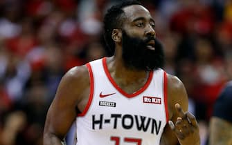 HOUSTON, TEXAS - DECEMBER 28: James Harden #13 of the Houston Rockets reacts after making a three-point basket against the Brooklyn Netsat Toyota Center on December 28, 2019 in Houston, Texas. NOTE TO USER: User expressly acknowledges and agrees that, by downloading and/or using this photograph, user is consenting to the terms and conditions of the Getty Images License Agreement.  (Photo by Bob Levey/Getty Images)