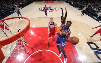 WASHINGTON, DC -  DECEMBER 28: Julius Randle #30 of the New York Knicks drives to the basket during the game against the Washington Wizards on December 28, 2019 at Capital One Arena in Washington, DC. NOTE TO USER: User expressly acknowledges and agrees that, by downloading and or using this Photograph, user is consenting to the terms and conditions of the Getty Images License Agreement. Mandatory Copyright Notice: Copyright 2019 NBAE (Photo by Ned Dishman/NBAE via Getty Images)
