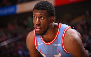 CHICAGO, IL - DECEMBER 28: Thaddeus Young #21 of the Chicago Bulls looks on during the game against the Atlanta Hawks on December 28, 2019 at the United Center in Chicago, Illinois. NOTE TO USER: User expressly acknowledges and agrees that, by downloading and or using this photograph, user is consenting to the terms and conditions of the Getty Images License Agreement.  Mandatory Copyright Notice: Copyright 2019 NBAE (Photo by Bill Baptist/NBAE via Getty Images)