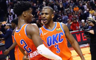 TORONTO, ON - DECEMBER 29:  Shai Gilgeous-Alexander #2 of the Oklahoma City Thunder is congratulated by Chris Paul #3 following an NBA game against the Toronto Raptors at Scotiabank Arena on December 29, 2019 in Toronto, Canada.  NOTE TO USER: User expressly acknowledges and agrees that, by downloading and or using this photograph, User is consenting to the terms and conditions of the Getty Images License Agreement.  (Photo by Vaughn Ridley/Getty Images)