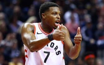 TORONTO, ON - DECEMBER 29:  Kyle Lowry #7 of the Toronto Raptors signals jump ball to an official, late in the second half of an NBA game against the Oklahoma City Thunder at Scotiabank Arena on December 29, 2019 in Toronto, Canada.  NOTE TO USER: User expressly acknowledges and agrees that, by downloading and or using this photograph, User is consenting to the terms and conditions of the Getty Images License Agreement.  (Photo by Vaughn Ridley/Getty Images)