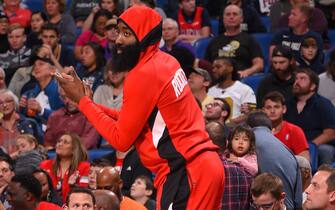 NEW ORLEANS, LA - DECEMBER 29: James Harden #13 of the Houston Rockets watches the game against the New Orleans Pelicans on December 29, 2019 at the Smoothie King Center in New Orleans, Louisiana. NOTE TO USER: User expressly acknowledges and agrees that, by downloading and or using this Photograph, user is consenting to the terms and conditions of the Getty Images License Agreement. Mandatory Copyright Notice: Copyright 2019 NBAE (Photo by Bill Baptist/NBAE via Getty Images)