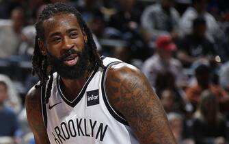 DETROIT, MI - NOVEMBER 2: Markieff Morris #8 of the Detroit Pistons and DeAndre Jordan #6 of the Brooklyn Nets smile during game on November 2, 2019 at Little Caesars Arena in Detroit, Michigan. NOTE TO USER: User expressly acknowledges and agrees that, by downloading and/or using this photograph, User is consenting to the terms and conditions of the Getty Images License Agreement. Mandatory Copyright Notice: Copyright 2019 NBAE (Photo by Brian Sevald/NBAE via Getty Images)