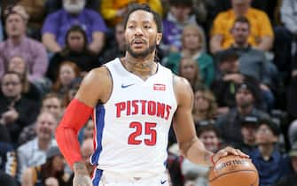 SALT LAKE CITY, UT - DECEMBER 30: Derrick Rose #25 of the Detroit Pistons handles the ball against the Utah Jazz on December 30, 2019 at Vivint Smart Home Arena in Salt Lake City, Utah. NOTE TO USER: User expressly acknowledges and agrees that, by downloading and or using this Photograph, User is consenting to the terms and conditions of the Getty Images License Agreement. Mandatory Copyright Notice: Copyright 2019 NBAE (Photo by Melissa Majchrzak/NBAE via Getty Images)