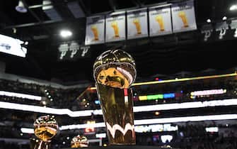 SAN ANTONIO, TX - NOVEMBER 11: The Larry O'Brien Championship Trophy is on display during the Memphis Grizzlies game against the San Antonio Spurs on November 11, 2019 at the AT&T Center in San Antonio, Texas. NOTE TO USER: User expressly acknowledges and agrees that, by downloading and or using this photograph, user is consenting to the terms and conditions of the Getty Images License Agreement. Mandatory Copyright Notice: Copyright 2019 NBAE (Photos by Andrew D. Bernstein/NBAE via Getty Images)