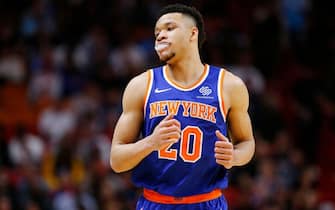 MIAMI, FLORIDA - DECEMBER 20:  Kevin Knox II #20 of the New York Knicks reacts against the Miami Heat during the first half American Airlines Arena on December 20, 2019 in Miami, Florida. NOTE TO USER: User expressly acknowledges and agrees that, by downloading and/or using this photograph, user is consenting to the terms and conditions of the Getty Images License Agreement.  (Photo by Michael Reaves/Getty Images)