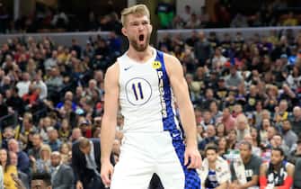 INDIANAPOLIS, INDIANA - DECEMBER 31:   Domantas Sabonis #11 of the  Indiana Pacers celebrates in the game against the Philadelphia 76ers at Bankers Life Fieldhouse on December 31, 2019 in Indianapolis, Indiana.     NOTE TO USER: User expressly acknowledges and agrees that, by downloading and or using this photograph, User is consenting to the terms and conditions of the Getty Images License Agreement. (Photo by Andy Lyons/Getty Images)