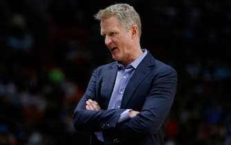 MIAMI, FLORIDA - NOVEMBER 29:  Head coach Steve Kerr of the Golden State Warriors reacts against the Miami Heat during the first half at American Airlines Arena on November 29, 2019 in Miami, Florida. NOTE TO USER: User expressly acknowledges and agrees that, by downloading and/or using this photograph, user is consenting to the terms and conditions of the Getty Images License Agreement. (Photo by Michael Reaves/Getty Images)