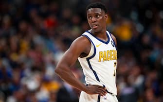INDIANAPOLIS, IN - MARCH 14: Darren Collison #2 of the Indiana Pacers looks on against the Oklahoma City Thunder  on March 14, 2019 at Bankers Life Fieldhouse in Indianapolis, Indiana. NOTE TO USER: User expressly acknowledges and agrees that, by downloading and or using this Photograph, user is consenting to the terms and conditions of the Getty Images License Agreement. Mandatory Copyright Notice: Copyright 2019 NBAE (Photo by Zach Beeker/NBAE via Getty Images)