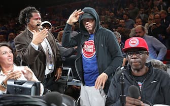 DETROIT, MI - OCTOBER 18:  Rapper, Eminem attends the Charlotte Hornets game against the Detroit Pistons at the Little Caesars Arena in Detroit, Michigan on October 18, 2017. NOTE TO USER: User expressly acknowledges and agrees that, by downloading and/or using this photograph, user is consenting to the terms and conditions of the Getty Images License Agreement. Mandatory Copyright Notice: Copyright 2017 NBAE (Photo by Brian Sevald/NBAE via Getty Images)