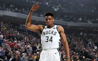 1191159216 MILWAUKEE, WI - JANUARY 1: Giannis Antetokounmpo #34 of the Milwaukee Bucks reacts prior to a game against the Minnesota Timberwolves on January 1, 2020 at the Fiserv Forum Center in Milwaukee, Wisconsin. NOTE TO USER: User expressly acknowledges and agrees that, by downloading and or using this Photograph, user is consenting to the terms and conditions of the Getty Images License Agreement. Mandatory Copyright Notice: Copyright 2020 NBAE (Photo by Gary Dineen/NBAE via Getty Images).