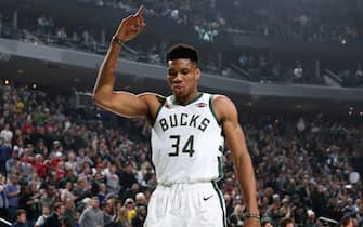 MILWAUKEE, WI - JANUARY 1: Giannis Antetokounmpo #34 of the Milwaukee Bucks reacts prior to a game against the Minnesota Timberwolves on January 1, 2020 at the Fiserv Forum Center in Milwaukee, Wisconsin. NOTE TO USER: User expressly acknowledges and agrees that, by downloading and or using this Photograph, user is consenting to the terms and conditions of the Getty Images License Agreement. Mandatory Copyright Notice: Copyright 2020 NBAE (Photo by Gary Dineen/NBAE via Getty Images). 