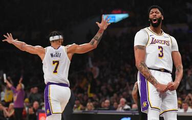 LOS ANGELES, CA - JANUARY 01: JaVale McGee #7 and Anthony Davis #3 of the Los Angeles Lakers celebrate while playing the Phoenix Suns at Staples Center on January 1, 2020 in Los Angeles, California. NOTE TO USER: User expressly acknowledges and agrees that, by downloading and/or using this photograph, user is consenting to the terms and conditions of the Getty Images License Agreement. (Photo by John McCoy/Getty Images)