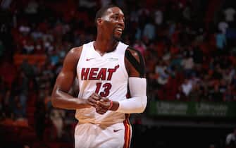 MIAMI, FL - JANUARY 2: Bam Adebayo #13 of the Miami Heat smiles during game against the Toronto Raptors on January 2, 2020 at American Airlines Arena in Miami, Florida. NOTE TO USER: User expressly acknowledges and agrees that, by downloading and or using this Photograph, user is consenting to the terms and conditions of the Getty Images License Agreement. Mandatory Copyright Notice: Copyright 2020 NBAE (Photo by Issac Baldizon/NBAE via Getty Images)