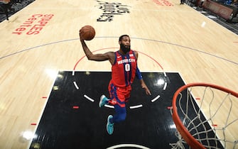 LOS ANGELES, CA - JANUARY 2: Andre Drummond #0 of the Detroit Pistons dunks the ball against the LA Clippers on January 2, 2020 at STAPLES Center in Los Angeles, California. NOTE TO USER: User expressly acknowledges and agrees that, by downloading and/or using this Photograph, user is consenting to the terms and conditions of the Getty Images License Agreement. Mandatory Copyright Notice: Copyright 2020 NBAE (Photo by Andrew D. Bernstein/NBAE via Getty Images)