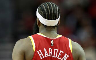 HOUSTON, TX - JANUARY 03:  James Harden #13 of the Houston Rockets stands on the court in the first half against the Philadelphia 76ers at Toyota Center on January 3, 2020 in Houston, Texas.  NOTE TO USER: User expressly acknowledges and agrees that, by downloading and or using this photograph, User is consenting to the terms and conditions of the Getty Images License Agreement.  (Photo by Tim Warner/Getty Images)