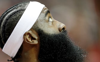 HOUSTON, TX - JANUARY 03:  James Harden #13 of the Houston Rockets reacts during a time out in the first half against the Philadelphia 76ers at Toyota Center on January 3, 2020 in Houston, Texas.  NOTE TO USER: User expressly acknowledges and agrees that, by downloading and or using this photograph, User is consenting to the terms and conditions of the Getty Images License Agreement.  (Photo by Tim Warner/Getty Images)